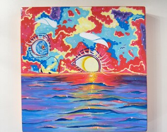 Sunset Gaze - Original Hand Painted Artwork on Wood Panel Modern Pop Surreal Painting |8x8