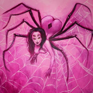 May include: A pink spider with a human-like face and four eyes, crawling on a white web against a pink background.