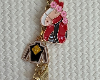 Kentucky Derby Purse Charm, Horse Racing Bag Accessory, Run for the Roses, Horseshoe Gift, Equestrian Style Zipper Pull, Derby Day Fashion