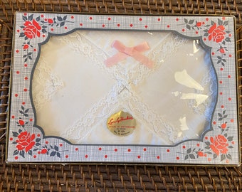 Vintage Cotton and Lace Embroidered Handkerchief in packaging