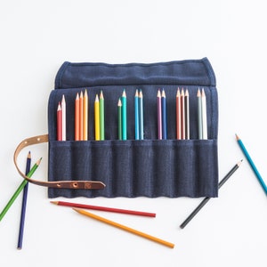 Waxed canvas pen roll, canvas pencil case, roll up pencil case, art supply bag, marker roll, colored pencil roll, knitting needle organizer Blue