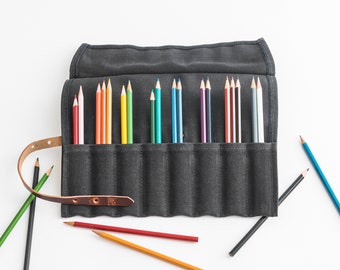 Waxed canvas pen roll, canvas pencil case, roll up pencil case, art supply bag, marker roll, colored pencil roll, knitting needle organizer