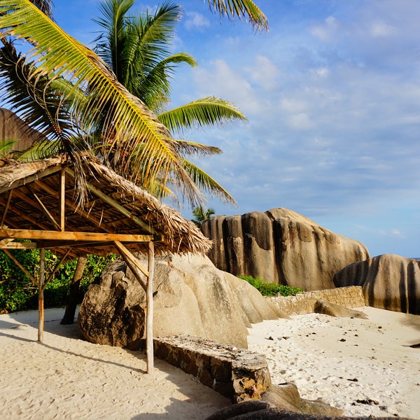 Beautiful Seychelles Beach, Anse Source d'Argent, La Digue on Canvas.  Fine Art and Photography. Tropical Landscape