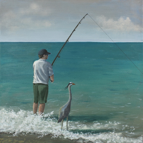 Painting of a Fisherman and a Great Blue Heron at the Beach