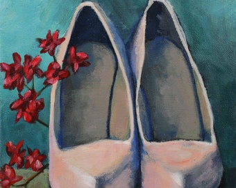 Painting of Pink High Heeled Shoes with Small Red Flowers entitles "Pumps and Posies" - 8" x 10" Hand painted Acrylic Painting