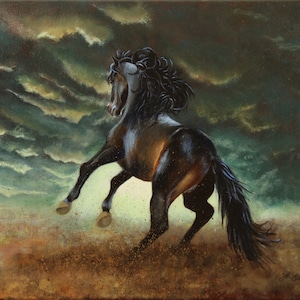 May include: A black horse with a long flowing mane and tail rears up on its hind legs against a stormy sky background. The horse is in a field of golden sand.