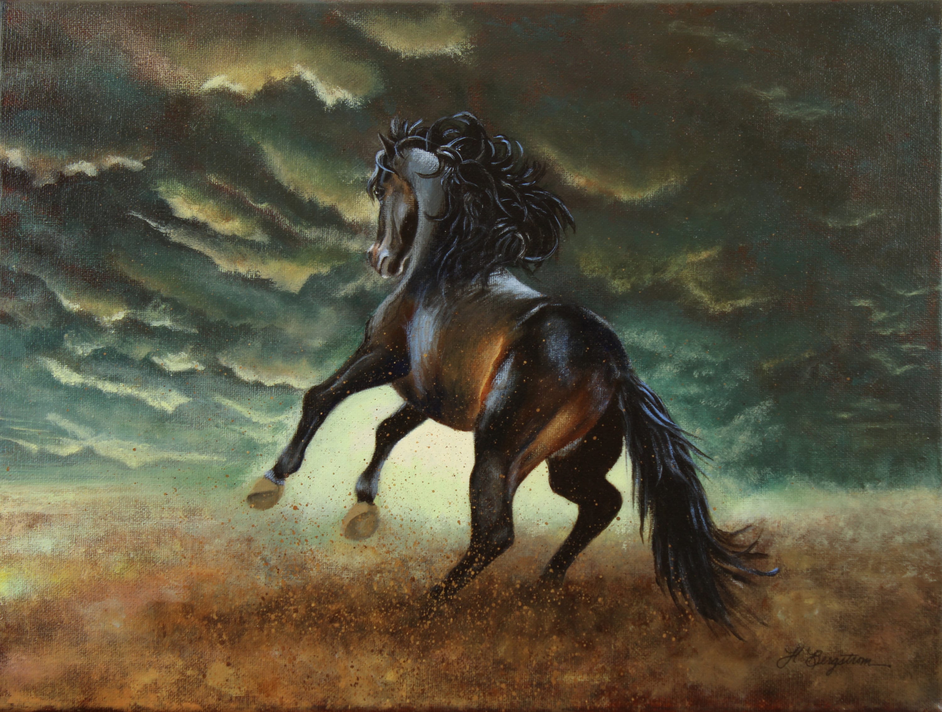 Painting of Black Horse/stallion With Stormy Sky Entitled