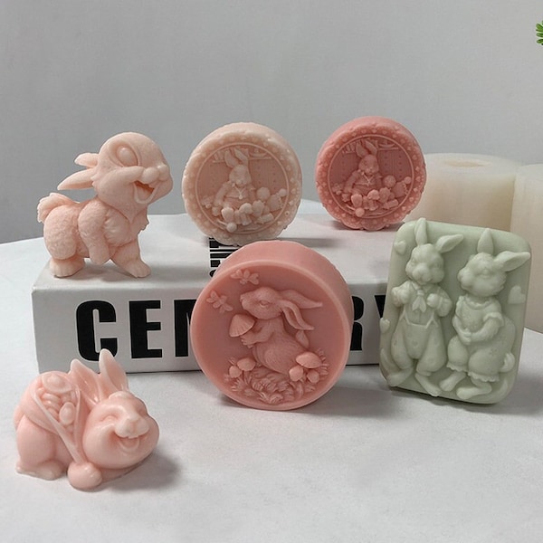 Bunny picking mushrooms design soap making mold-rabbit portrait silicone material handmade soap mold-rabbit decorative soap mold