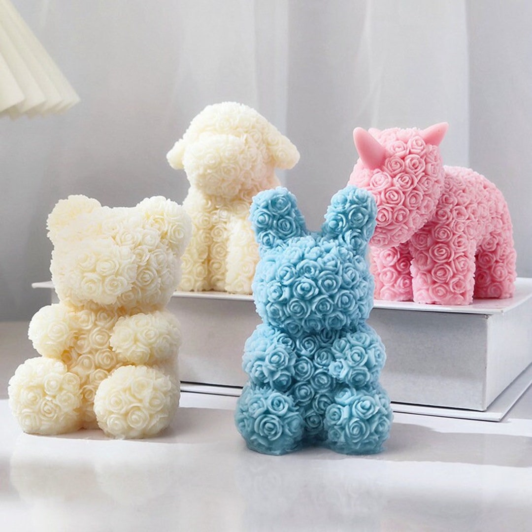 Cestony 4.4x3.93inch 3D Rose Bear With Love Candle Silicone Molds For Making Candle Resin Pillar Aromatherapy Candles Wax Soap Flower Specimen Clay
