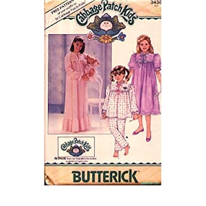 Butterick 3436 1980s Vintage Cabbage Patch Kids Girls Nightgown, Top, Pants & Transfers + Pattern for matching outfits for doll, Size 4-5-6