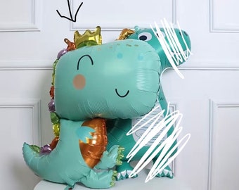 27” Tall Green Dinosaur Foil Helium Balloon with Gold Crown