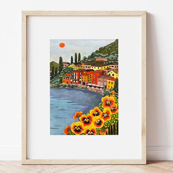 Varenna Italien: Väggkonst, Konsttryck, Resekonst, Reseillustration, Landskapsillustration, Comosjön, Italien