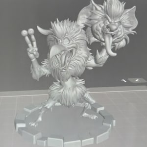 May include: A grayscale 3D-printed figurine of a fantastical creature. The creature has a bird-like head with an open beak and a lion-like head on its shoulder. It is standing on a circular base and making a peace sign with its hand.
