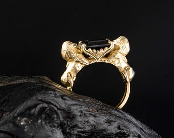 Sphinx ring,  14k Gold Sphinx Ring With Black Spinel and Diamonds