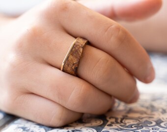 May include: A wooden ring with a gold band. The ring is on a person's finger.