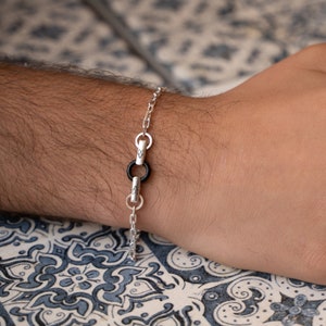 Silver Chain Bracelet, Minimalist Onyx Bracelet, Simple Chain Bracelet for Men