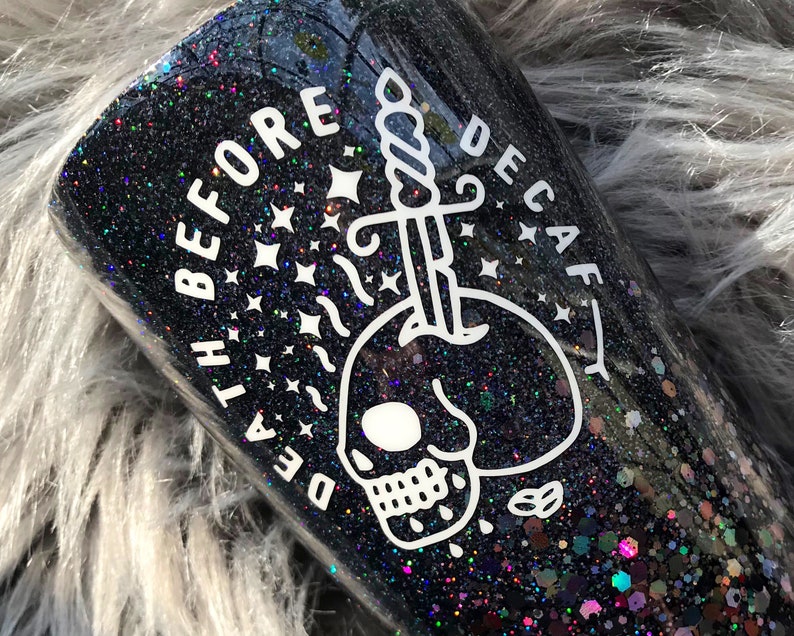 Death Before Decaf Tumbler--Skull Coffee Mug
