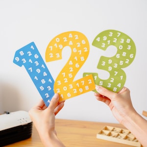 Puede incluir: Tres números grandes, planos y troquelados que representan el uno, el dos y el tres. El número uno es azul, el dos es amarillo y el tres es verde. Cada número está cubierto con un patrón repetitivo de pequeños dígitos blancos, y se sostiene una pequeña tarjeta rectangular amarilla con números blancos al lado.
