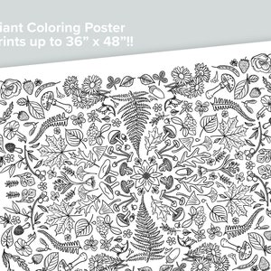 Giant Nature Coloring Poster Homeschool Printables Black and White Large  Coloring Pages Fern Mushroom Flower Bees Moth Botany 