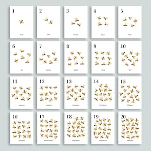 Cartes numérotées de 1 à 20 abeilles | Cartes éclair sur la nature de Charlotte Mason | Imprimables pour l'école à la maison | Art de pépinière d'abeilles | Compter les abeilles de la classe préscolaire