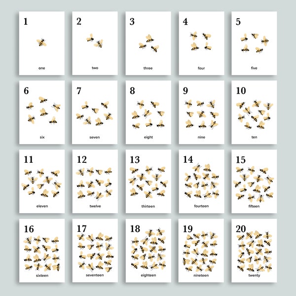 Bee Number Cards 1-20 | Charlotte Mason Nature Flashcards | Homeschool Printables | Honeybee Nursery Art | Preschool Counting Classroom Bees