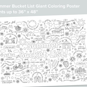 Summer Bucket List Coloring Poster | Homeschool Printables | Black and White Large Coloring Pages | Nature Preschool Activity Play Mat