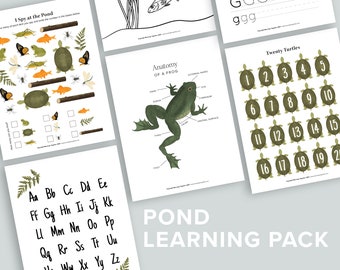 Pond Learning Pack | Pond Life Homeschool Printables | Frog Snail Coloring | Nature Preschool Counting Activities Fish I Spy