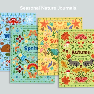 Op de afbeelding: Vier kleurrijke natuurdagboeken, elk met een ander seizoen: winter, lente, zomer en herfst. Elk dagboek heeft een uniek ontwerp met illustraties van dieren, planten en andere natuurlijke elementen. De tekst op de omslagen luidt "Nature Journal" en "Mornings Together".