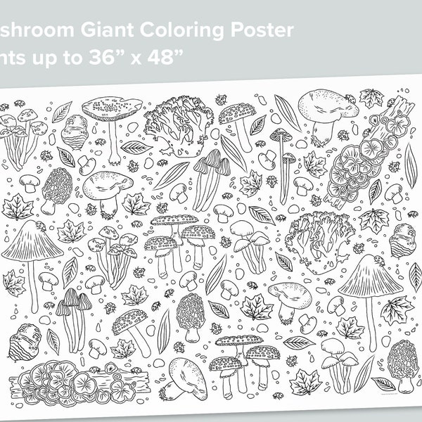 Giant Mushroom Coloring Poster | Homeschool Printables | Black and White Large Coloring Pages | Nature Preschool Activity Play Mat