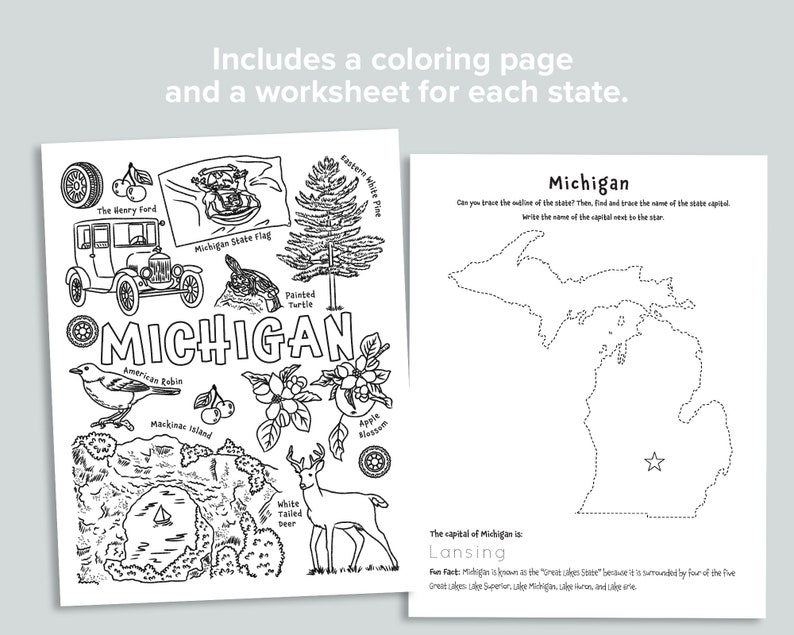Pu&ograve; includere: Una pagina da colorare in bianco e nero con una mappa del Michigan, la bandiera dello stato, un'auto, un cervo, un pettirosso, una tartaruga, una ciliegia, un fiore di melo e un cervo dalla coda bianca. Il testo "Michigan" &egrave; scritto in grandi lettere. Il testo "La capitale del Michigan &egrave; Lansing" &egrave; scritto sotto la mappa. Il testo "Curiosit&agrave;: il Michigan &egrave; noto come lo "Stato dei Grandi Laghi" perch&eacute; &egrave; circondato da quattro dei cinque Grandi Laghi: il lago Superiore, il lago Michigan, il lago Huron e il lago Erie." &egrave; scritto sotto il testo sulla capitale.