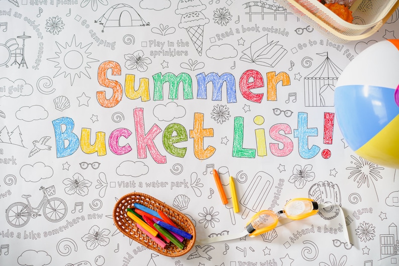 May include: A white sheet of paper with a colorful hand-drawn illustration of a summer bucket list. The illustration includes a variety of summer activities, such as going camping, playing in sprinklers, reading a book outside, and attending a baseball game. The words "Summer Bucket List!" are written in large, colorful letters at the top of the sheet.