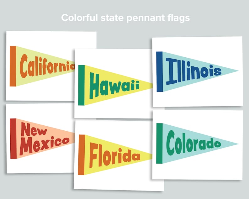 Pu&ograve; includere: Sei bandiere a pennone colorate con i nomi di diversi stati scritti su di esse. Le bandiere sono gialle, verdi, blu, rosse, arancioni e blu chiaro. Gli stati sono California, Hawaii, Illinois, Nuovo Messico, Florida e Colorado.