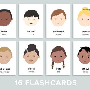 Flashcards de emoções em francês e inglês para impressão | Cartões Flash de Sentimentos | Cesta matinal pré-escolar | Imprimíveis para ensino em casa | Crianças da diversidade