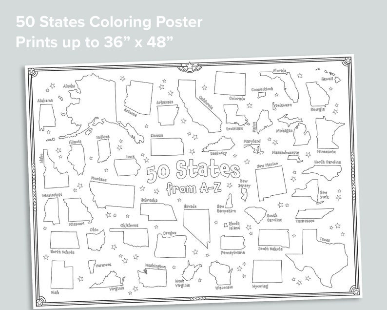 Pu&ograve; includere: Un poster da colorare in bianco e nero con i contorni di tutti i 50 stati degli Stati Uniti, disposti in ordine alfabetico. Il poster &egrave; intitolato "50 States Coloring Poster" e "Prints up to 36" x 48" ". Ogni stato &egrave; circondato da piccole stelle.