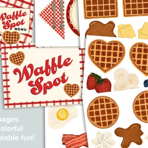May include: Printable set of 13 pages with a red and white gingham pattern and illustrations of waffles, strawberries, bananas, and other breakfast foods. The text "Waffle Spot Menu" is featured on one of the pages.