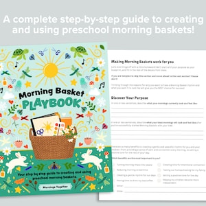Puede incluir: Un "Morning Basket Playbook" colorido con una ilustraci&oacute;n de cesta, sol y elementos decorativos. El texto dice "Su gu&iacute;a paso a paso para crear y usar cestas matutinas preescolares." Incluye una hoja de trabajo.