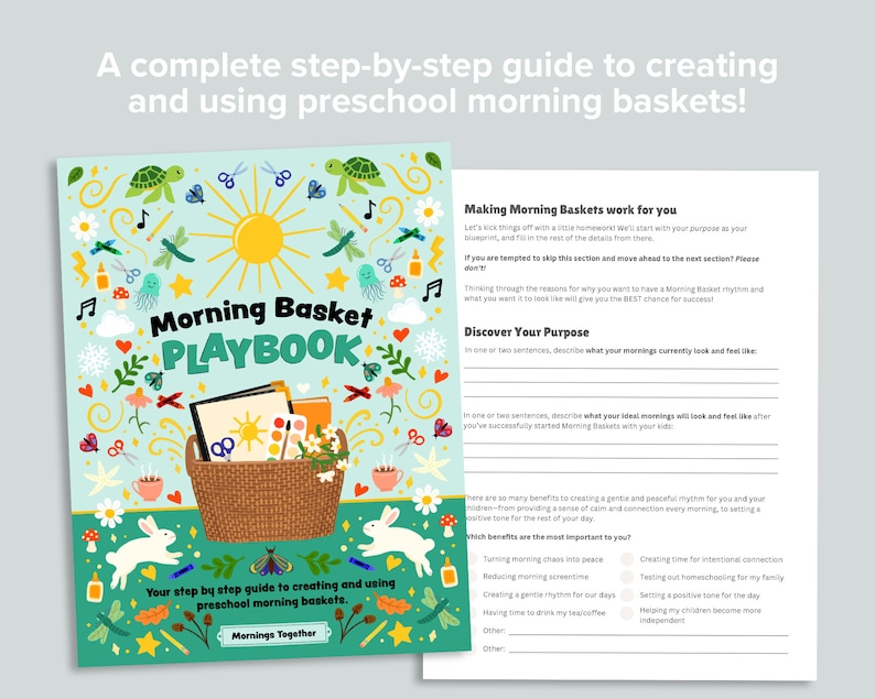 Puede incluir: Un "Morning Basket Playbook" colorido con una ilustraci&oacute;n de cesta, sol y elementos decorativos. El texto dice "Su gu&iacute;a paso a paso para crear y usar cestas matutinas preescolares." Incluye una hoja de trabajo.