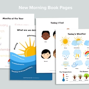 Puede incluir: Conjunto de imprimibles educativos titulados "New Morning Book Pages". Las p&aacute;ginas presentan temas como los meses del a&ntilde;o, los sentimientos diarios, el clima y las actividades. Cada p&aacute;gina tiene ilustraciones coloridas y texto sencillo para ni&ntilde;os.