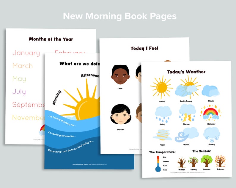 Puede incluir: Conjunto de imprimibles educativos titulados "New Morning Book Pages". Las p&aacute;ginas presentan temas como los meses del a&ntilde;o, los sentimientos diarios, el clima y las actividades. Cada p&aacute;gina tiene ilustraciones coloridas y texto sencillo para ni&ntilde;os.