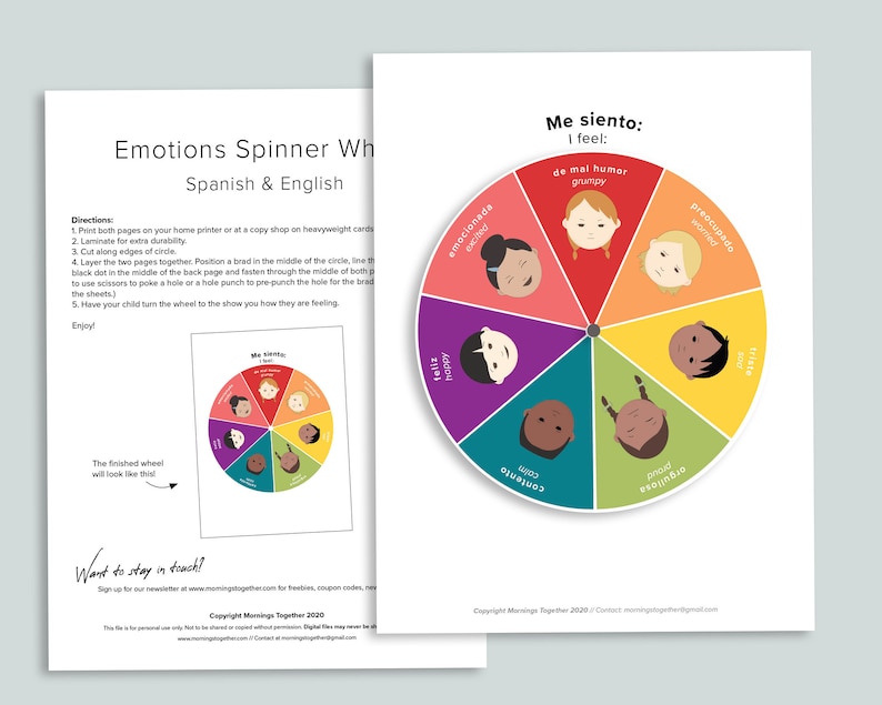 spanish english emotions spinner wheel printable feelings etsy