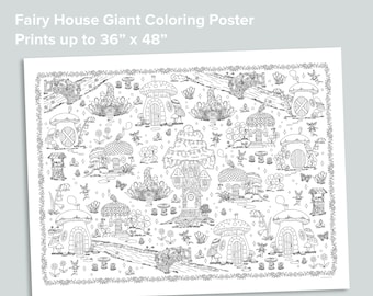 Giant Fairy House Coloring Poster | Homeschool Printables | Black and White Large Coloring Pages | Nature Preschool Activity Play Mat