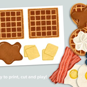 May include: Printable breakfast food cutouts for a fun game or craft activity. Includes waffles, bacon, eggs, butter, syrup, and blueberries.