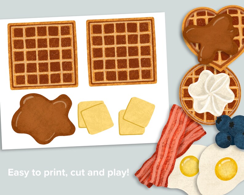 May include: Printable breakfast food cutouts for a fun game or craft activity. Includes waffles, bacon, eggs, butter, syrup, and blueberries.