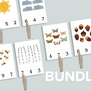 Comptez et coupez BUNDLE 2 | Chiffres en épingle à linge | Nature à imprimer pour l'école-maison | Cartes mnémotechniques de comptage pour les enfants d'âge préscolaire