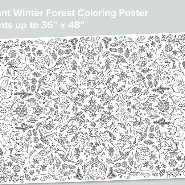 Giant Winter Forest Coloring Poster | Nature Homeschool Printables | Black and White Large Coloring Pages | Winter Birds Snow Activity