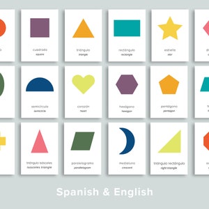 Fiches-éclair bilingues, espagnol et anglais, imprimables | Flash Cards modernes de forme basique | Cartes mnémotechniques pour tout-petits, maternelle, école à domicile