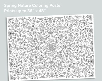 Giant Spring Coloring Poster | Nature Homeschool Printables | Black and White Large Coloring Pages | Flowers Bugs Butterflies