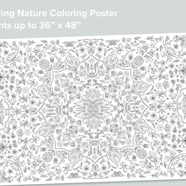 Giant Spring Coloring Poster | Nature Homeschool Printables | Black and White Large Coloring Pages | Flowers Bugs Butterflies