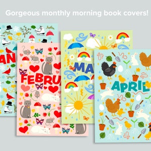 Puede incluir: Cuatro portadas de libros ilustradas con temas de temporada. Enero presenta mu&ntilde;ecos de nieve, patines y p&aacute;jaros. Febrero tiene gatos, corazones y mariposas. Mayo muestra arco&iacute;ris y paraguas. Abril muestra pollitos, conejos y gallinas.