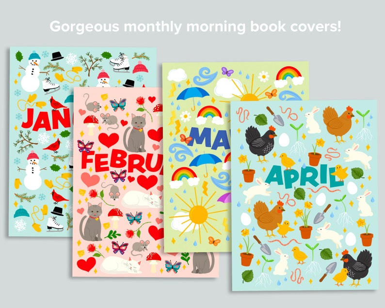 Puede incluir: Cuatro portadas de libros ilustradas con temas de temporada. Enero presenta mu&ntilde;ecos de nieve, patines y p&aacute;jaros. Febrero tiene gatos, corazones y mariposas. Mayo muestra arco&iacute;ris y paraguas. Abril muestra pollitos, conejos y gallinas.